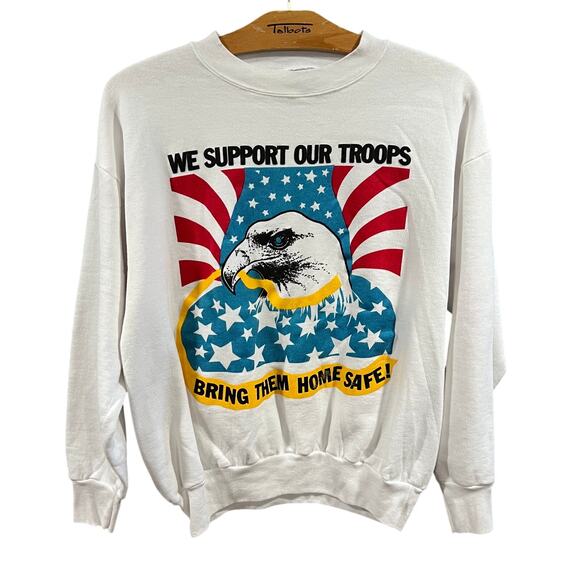 Vintage Patriotic Eagle Support Our Troops White Sweatshirt Size XL - Picture 2 of 6